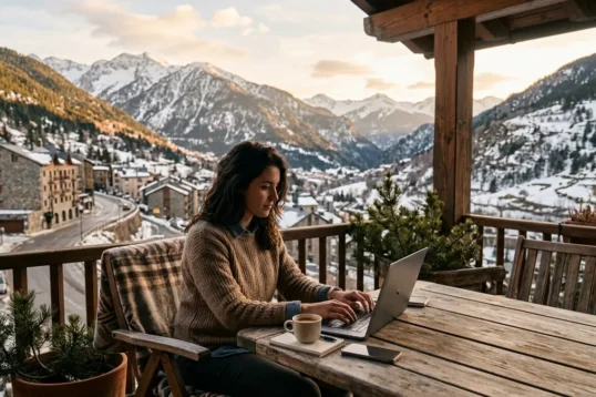 Entrepreneur du numérique travaillant face aux Pyrénées andorranes
