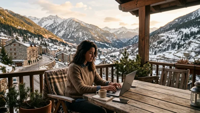 Entrepreneur du numérique travaillant face aux Pyrénées andorranes
