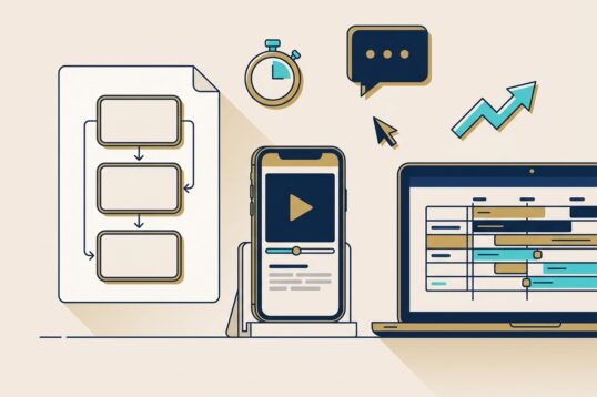Storyboard, smartphone et timeline de montage illustrant un script vidéo publicitaire