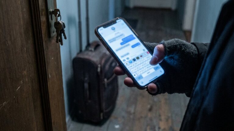 Illustration : un voyageur écrit à l’assistance Airbnb depuis son téléphone, devant la porte d’un logement dont les clés sont restées dans la serrure