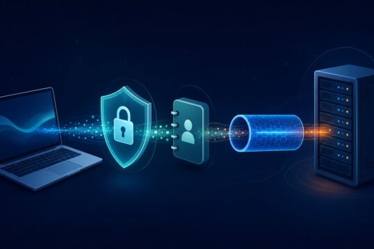 Schéma d'un ordinateur relié à un serveur à travers trois couches de protection : cadenas HTTPS, annuaire DNS et tunnel VPN