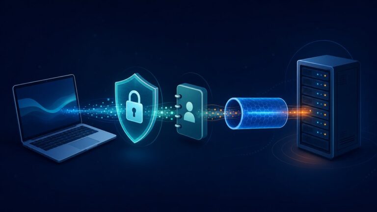 Schéma d'un ordinateur relié à un serveur à travers trois couches de protection : cadenas HTTPS, annuaire DNS et tunnel VPN
