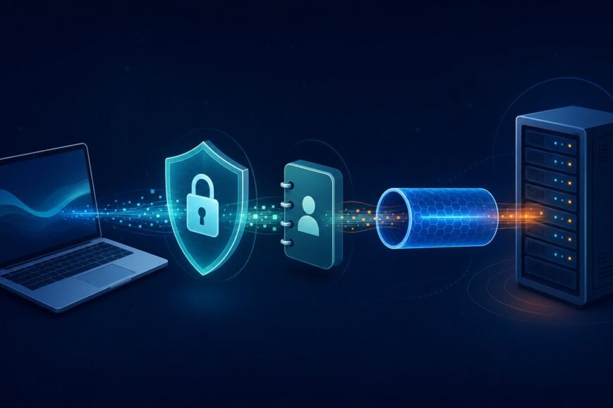 Schéma d'un ordinateur relié à un serveur à travers trois couches de protection : cadenas HTTPS, annuaire DNS et tunnel VPN